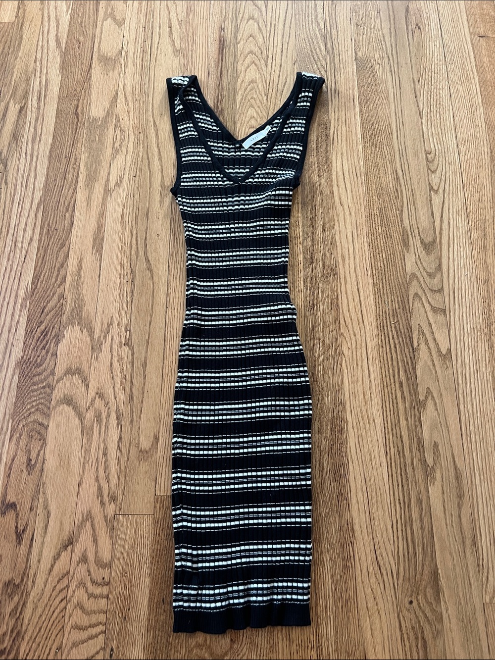 Lush Black & White Striped V-Neck Ribbed Midi Dress